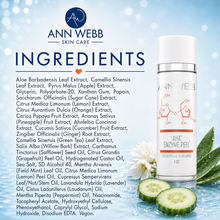 Load image into Gallery viewer, A bottle of Ann Webb Skin Care AHA Enzyme Peel serum shown next to a detailed ingredients list on a light blue textured background.
