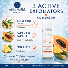 Load image into Gallery viewer, Ann Webb Skin Care 'AHA Enzyme Peel' 1 oz bottle shown on a light blue water-textured background with ingredient callouts for sugar cane, papaya &amp; papain, and pineapple, plus text reading '3 Active Exfoliators'.
