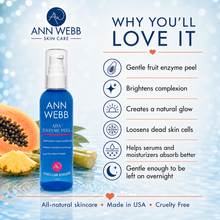 Load image into Gallery viewer, Ann Webb Skin Care AHA Enzyme Peel bottle shown on a light blue promotional graphic with fruit props and text listing benefits.

