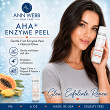 Load image into Gallery viewer, Ann Webb Skin Care AHA+ Enzyme Peel advertisement featuring a woman holding a white bottle, with product details, ingredients, and usage claims on a light blue background.
