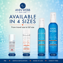 Load image into Gallery viewer, Four Ann Webb Skin Care skincare bottles in different sizes displayed against a blue water ripple background with text reading 'AVAILABLE IN 4 SIZES' and product sizes .5 OZ, 1 OZ, 2 OZ, and 6 OZ.
