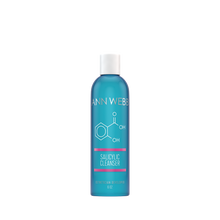 Load image into Gallery viewer, A bottle of Ann Webber Salicylic Cleanser with a blue gradient body, white cap, and pink accent lines on the label, centered on a white background.
