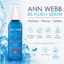 Load image into Gallery viewer, ANN WEBB B5 PLUS++ SERUM in a blue pump bottle, displayed with ice cubes and water droplets on a light blue background with product features and benefits text.
