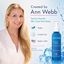 Load image into Gallery viewer, Ann Webb BS Plus Serum bottle in blue packaging, shown next to a smiling blonde woman on a light blue background with text highlighting product features like vegan, cruelty-free, and made in USA.
