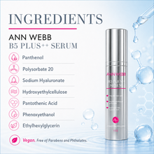 Load image into Gallery viewer, Ann Webb B5 Plus+ Serum bottle shown next to an ingredients list on a light blue background with water droplets and bubbles. The silver bottle has pink and black text, and the left side lists ingredients including panthenol, polysorbate 20, sodium hyaluronate, hydroxyethylcellulose, pantothenic acid, phenoxyethanol, ethylhexylglycerin, and vegan certification.
