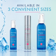 Load image into Gallery viewer, Three Ann Webb B5 Plus+ serum bottles in different sizes are displayed against a light blue background with water splash graphics and ice cubes. The left bottle is blue with a white pump, labeled 'Travel-Friendly'; the center bottle is silver with a metallic finish, labeled 'Daily Essential'; the right bottle is a larger blue bottle with a white pump, labeled 'At-Home Favorite'.
