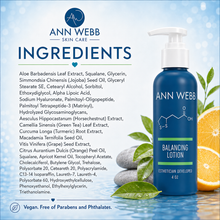 Load image into Gallery viewer, Ann Webb Skin Care Balancing Lotion bottle on a blue water-textured background with ingredient text and citrus slices. The pump bottle is white with a blue label and pump, and the brand name is clearly visible.

