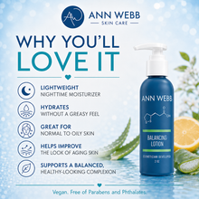 Load image into Gallery viewer, Ann Webb Skin Care Balancing Lotion bottle on a light blue water-themed background with text highlighting product benefits. The pump bottle is dark blue with a white pump, shown next to aloe vera and orange slices.
