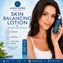Load image into Gallery viewer, Ann Webb Skin Care Skin Balancing Lotion bottle held by a smiling woman with long dark hair against a light blue water-themed background with product benefits text.
