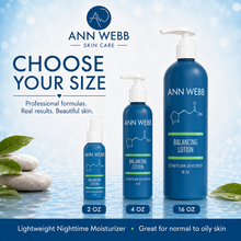 Load image into Gallery viewer, Three blue Ann Webb Skin Care Balancing Lotion bottles in 2 oz, 4 oz, and 16 oz sizes, displayed on a water-like surface with stones and leaves against a light blue background. Text reads 'CHOOSE YOUR SIZE' and 'Lightweight Nighttime Moisturizer • Great for normal to oily skin.
