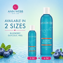 Load image into Gallery viewer, Three blue Ann Webb Skin Care bottles of Blueberry Glycolic Peel shown in 2 oz, 4 oz, and 6 oz sizes on a light blue water-textured background with blueberries and leaves. Text reads 'AVAILABLE IN 3 SIZES' and the Ann Webb logo appears at top left.

