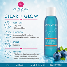 Load image into Gallery viewer, Ann Webb Clear + Glow Blueberry Glycolic Peel bottle on a light blue background with product information text, icons, and blueberries. The bottle is bright blue with a white cap and white/silver label text.
