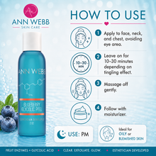 Load image into Gallery viewer, Ann Webb Blueberry Glycolic Peel skincare bottle shown on a light blue promotional graphic with step-by-step usage instructions, icons, and product details.
