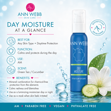 Load image into Gallery viewer, Ann Webb Skin Care Day Moisture spray bottle in blue and green, shown next to cucumber, green leaves, and a white flower on a light blue water splash background with product information text on the left.
