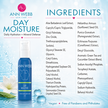 Load image into Gallery viewer, Ann Webb Skin Care Day Moisture bottle shown on a light blue water-themed background with ingredient text and branding. The bottle is blue with a white pump and clear cap, and the image includes a list of ingredients and product claims.
