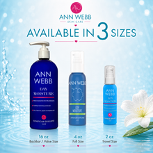 Load image into Gallery viewer, Three Ann Webb Day Moisture skincare bottles in different sizes (16 oz, 4 oz, and 2 oz) displayed against a light blue water splash background with a white flower and text indicating availability in 3 sizes.
