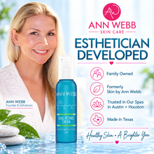 Load image into Gallery viewer, Ann Webb Skin Care Esthetician Developed Dual Retinol Cream bottle shown next to a smiling blonde woman in a spa-like setting with water and stones. Text highlights family-owned status, spa connections, and Made in Texas.
