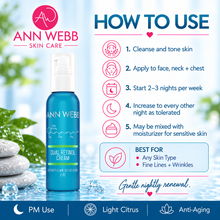 Load image into Gallery viewer, Ann Webb Dual Retinol Cream bottle shown on a light blue promotional graphic with usage steps, icons, and product details. The bottle is blue with white text and pump, set against a bright skincare-themed background with leaves and stones.
