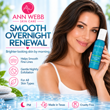 Load image into Gallery viewer, A woman in a white tank top holds a blue bottle of Ann Webb Skin Care 'Smooth Overnight Renewal' against a bright, water-themed background with product benefits listed on the left.
