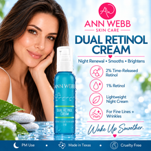 Load image into Gallery viewer, Ann Webb Skin Care Dual Retinol Cream bottle shown on a bright blue promotional graphic with a woman's face, product text, icons, and usage claims.
