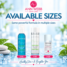 Load image into Gallery viewer, Ann Webb Skin Care available sizes promotional graphic showing three skincare bottles: Dual Betalol Cream in 2 oz, Dual Retinol Cream in 1 oz, and Pulse Retinol Cream in .5 oz, set against a bright water-themed background with green leaves.
