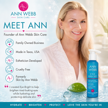 Load image into Gallery viewer, An advertisement for Ann Webb Skin Care featuring a smiling blonde woman in a white robe next to a blue pump bottle labeled 'Eye Bright'. The left side includes branding, product benefits, and a quote, with a blue banner at the bottom reading 'HYDRATE BRIGHTEN PROTECT LOVE THE SKIN YOU'RE IN'.
