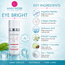 Load image into Gallery viewer, Ann Webb Skin Care Eye Bright Ethical Skincare 5 oz bottle on a light blue water-themed background with a 'Key Ingredients' panel detailing argireline peptides, collagen peptides, hyaluronic acid, EYELISS® Complex, caffeine + cucumber, and zinc + titanium.
