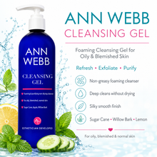 Load image into Gallery viewer, ANN WEBB Cleansing Gel in a dark blue pump bottle with a white pump, shown on a white background with water splashes, mint leaves, cucumber slices, and product text describing benefits and ingredients.
