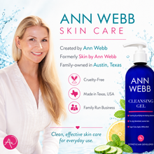 Load image into Gallery viewer, Ann Webb Skin Care Cleansing Gel bottle shown next to a smiling blonde woman on a bright white background with water graphics and product text. The bottle is dark blue with a white pump and white label text.
