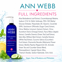 Load image into Gallery viewer, ANN WEBB Cleansing Gel bottle shown on a white background with ingredient text, lemon slices, mint leaves, and water splash graphics. The product is a blue pump bottle labeled ANN WEBB CLEANSING GEL.
