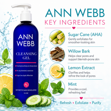 Load image into Gallery viewer, Ann Webb Cleansing Gel bottle on a white background with ingredient callouts for sugar cane, willow bark, lemon extract, and mint, plus water splash graphics and cucumber/lemon illustrations.
