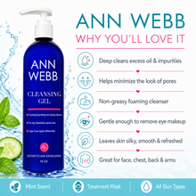 Load image into Gallery viewer, ANN WEBB Cleansing Gel in a 16 oz dark blue pump bottle, presented on a white background with water splash graphics, cucumber slices, and a list of benefits on the right.
