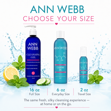 Load image into Gallery viewer, Three Ann Webb cleansing gel bottles in different sizes are shown on a white background with water splash graphics, lemon, mint, and cucumber slices. Text reads 'ANN WEBB CHOOSE YOUR SIZE' and indicates 16 oz full size, 6 oz everyday size, and 2 oz travel size.
