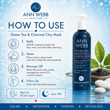 Load image into Gallery viewer, An Ann Webb Skin Care 'How to Use' infographic for the Green Tea &amp; Charcoal Clay Mask, featuring a bottle of the dark blue mask on a light blue background with step-by-step application instructions and decorative leaves and stones.
