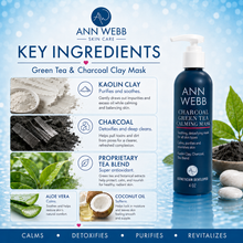 Load image into Gallery viewer, Ann Webb Skin Care Green Tea &amp; Charcoal Clay Mask bottle shown on a branded marketing graphic with ingredient callouts, including Kaolin Clay, Charcoal, Proprietary Tea Blend, Aloe Vera, and Coconut Oil.
