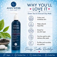 Load image into Gallery viewer, Ann Webb Skin Care Charcoal Green Tea Calming Mask bottle on a blue water-themed background with marketing text and feature callouts for Green Tea &amp; Charcoal Clay Mask.
