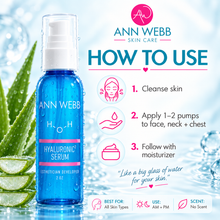 Load image into Gallery viewer, Ann Webb Skin Care Hyaluronic Serum bottle in blue with a white pump, shown on a bright blue water-themed background with aloe leaves and a large 'HOW TO USE' instruction panel.
