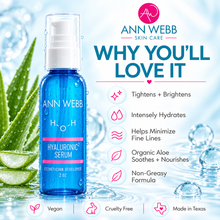Load image into Gallery viewer, Ann Webb Skin Care Hyaluronic Serum bottle in a blue gradient bottle with a white pump, set against a water-themed background with aloe vera leaves and text highlighting product benefits.

