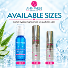 Load image into Gallery viewer, Ann Webb Skin Care available sizes promotional graphic showing three skincare bottles: a blue 2 oz Hyaluronic Serum bottle, a 1 oz HA Serum bottle, and a 5 oz Serum bottle, with product names and sizes displayed against a bright icy background with aloe leaves and water droplets.
