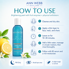 Load image into Gallery viewer, Ann Webb Skin Care Lemon Luffa Peez brightening peel bottle shown on a light blue background with step-by-step usage instructions, lemon illustrations, and product details.
