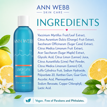 Load image into Gallery viewer, Ann Webb Skin Care Lemon Luffa Peel product bottle shown on a light blue gradient background with ingredient text and lemon/citrus graphics. The bottle is bright blue with a white cap and white label, and the ingredients list appears on the right.
