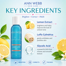Load image into Gallery viewer, Ann Webb Skin Care Lemon Luafa Peel key ingredients infographic featuring a blue bottle of the peel on a light blue background with lemons, white flowers, and text detailing Lemon Extract, Luffa Cylindrica, and Glycolic Acid.
