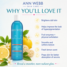Load image into Gallery viewer, Ann Webb Skin Care Lemon Lufa Peel cosmetic cleanser bottle shown on a light background with lemon slices, green leaves, and white flowers, alongside marketing text and feature callouts.
