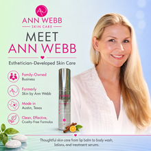 Load image into Gallery viewer, Promotional graphic for Ann Webb Skin Care featuring a smiling blonde woman on the right and a silver cylindrical balm bottle centered-left. Text on the left reads 'Meet Ann Webb' and lists brand attributes.
