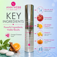 Load image into Gallery viewer, Ann Webb Skin Care 'Lighten Up Serum' 100ml bottle shown on a light blue and white gradient background with ingredient callouts and scent details for Orange/Cinnamon.
