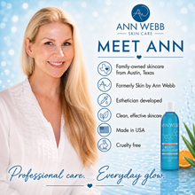Load image into Gallery viewer, A promotional graphic for Ann Webb Skin Care featuring a smiling blonde woman on the left and a blue bottle of Aloe Juice Deep Cleanser on the right, with text highlighting product benefits and a light blue bokeh-style background.
