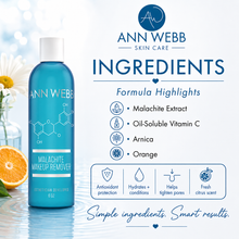 Load image into Gallery viewer, Ann Webb Skin Care Malachite Makeup Remover bottle shown on a clean light blue graphic background with ingredient callouts and product benefits. The bottle is bright aqua blue with a white cap and white printed text and formula highlights.
