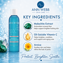 Load image into Gallery viewer, Ann Webb Skin Care Malachite Makeup Remover bottle shown on a blue water-themed background with key ingredients listed on the right, including malachite extract, oil-soluble vitamin C, and arnica.

