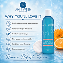 Load image into Gallery viewer, Ann Webb Skin Care Malachite Makeup Remover bottle on a light blue water-themed background with text listing benefits, plus orange flower and cotton pad props.
