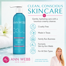 Load image into Gallery viewer, Ann Webb Skin Care Cleansing Milk bottle in a bright teal-blue color with a white pump dispenser, set against a light blue and white background with promotional text and a small photo of a smiling woman in the bottom right corner.
